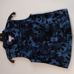 Chico's Blue and Black Floral, Button Down Vest With Pockets